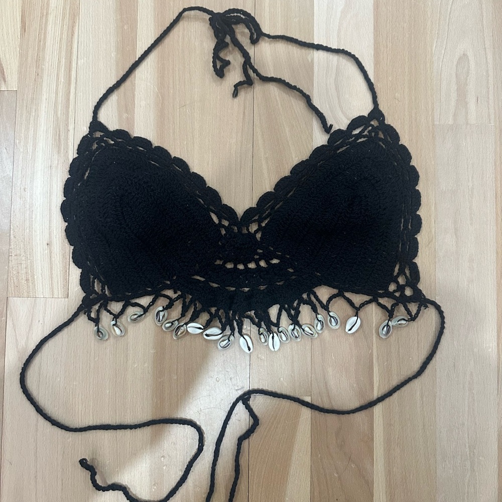 Black Crochet Halter Top with Shell Accents